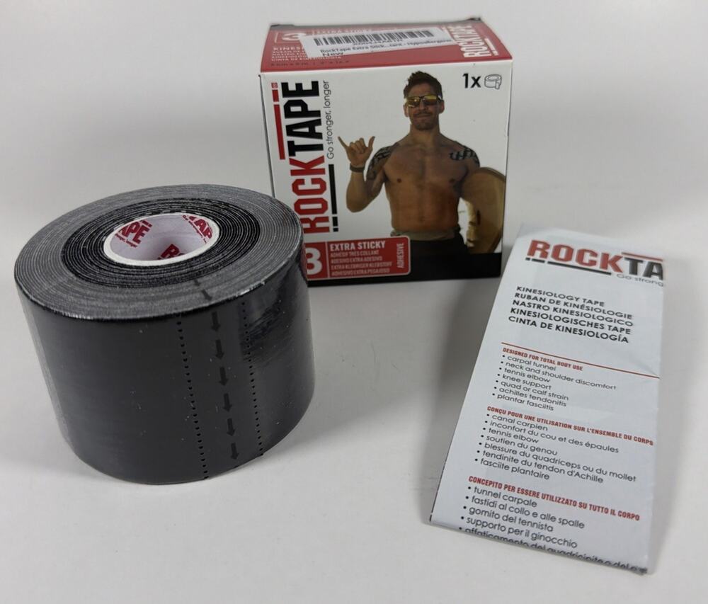 RockTape Extra Sticky Kinesiology Sports Tape Black 5cm x 5m Roll - New